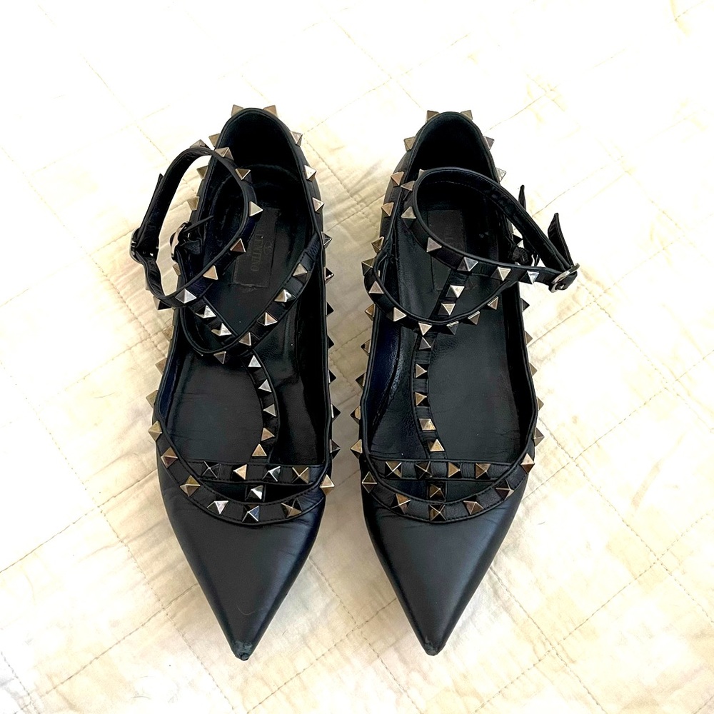 VALENTINO Black Leather Rockstud Caged Ballet Flats Size 38 1/2 Made in Italy